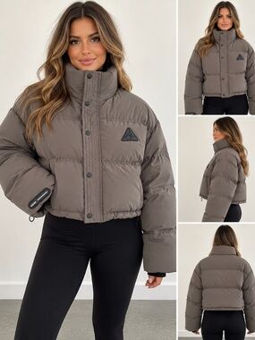 Charcoal Grey Oversized Cropped Puffer Jacket High Neck Winter Coat